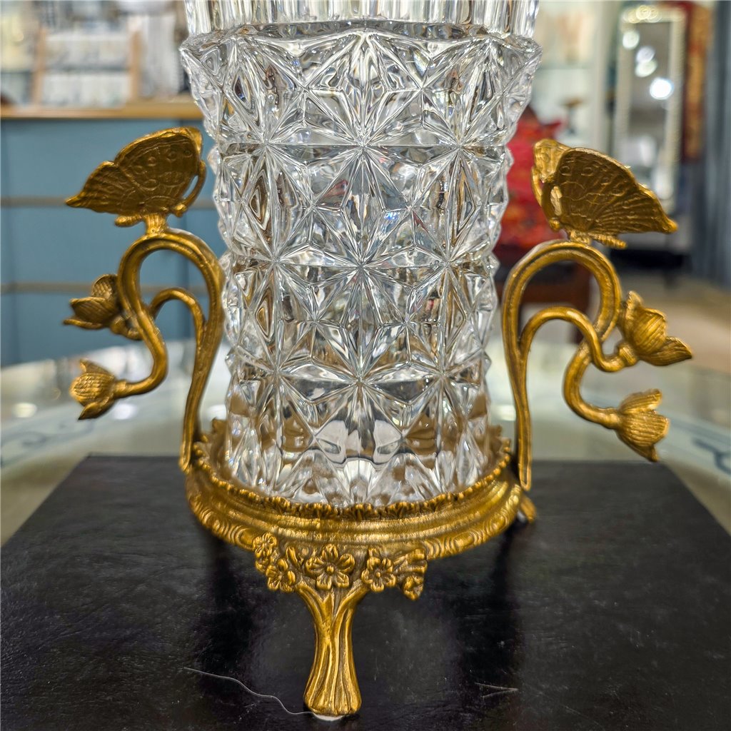 Danny's Fine Porcelain Home Decor Danny's Fine Porcelain Crystal Vase with Ormolu Butterfly Handles-Crystal Clear