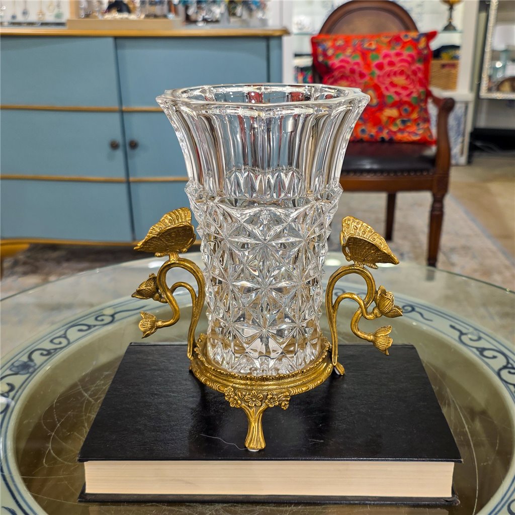 Danny's Fine Porcelain Home Decor Danny's Fine Porcelain Crystal Vase with Ormolu Butterfly Handles-Crystal Clear