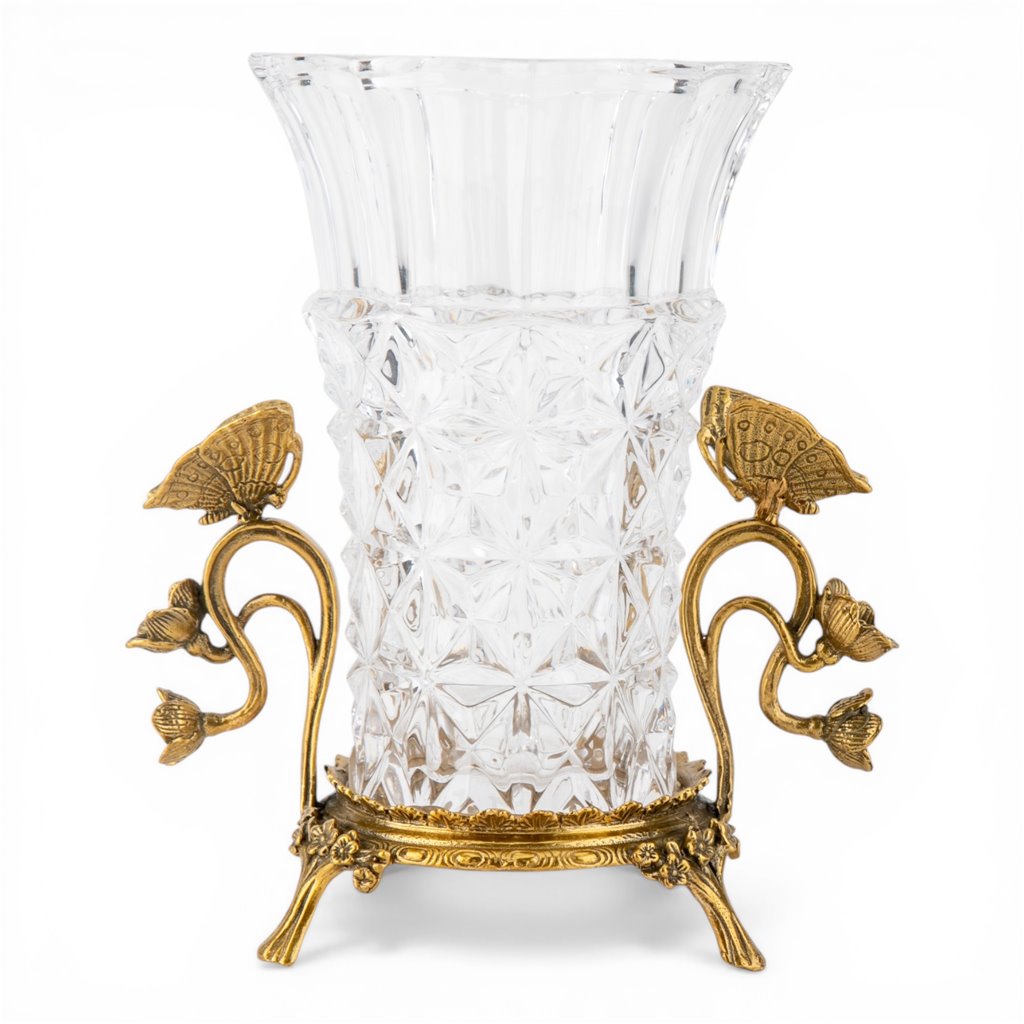 Danny's Fine Porcelain Home Decor Danny's Fine Porcelain Crystal Vase with Ormolu Butterfly Handles-Crystal Clear