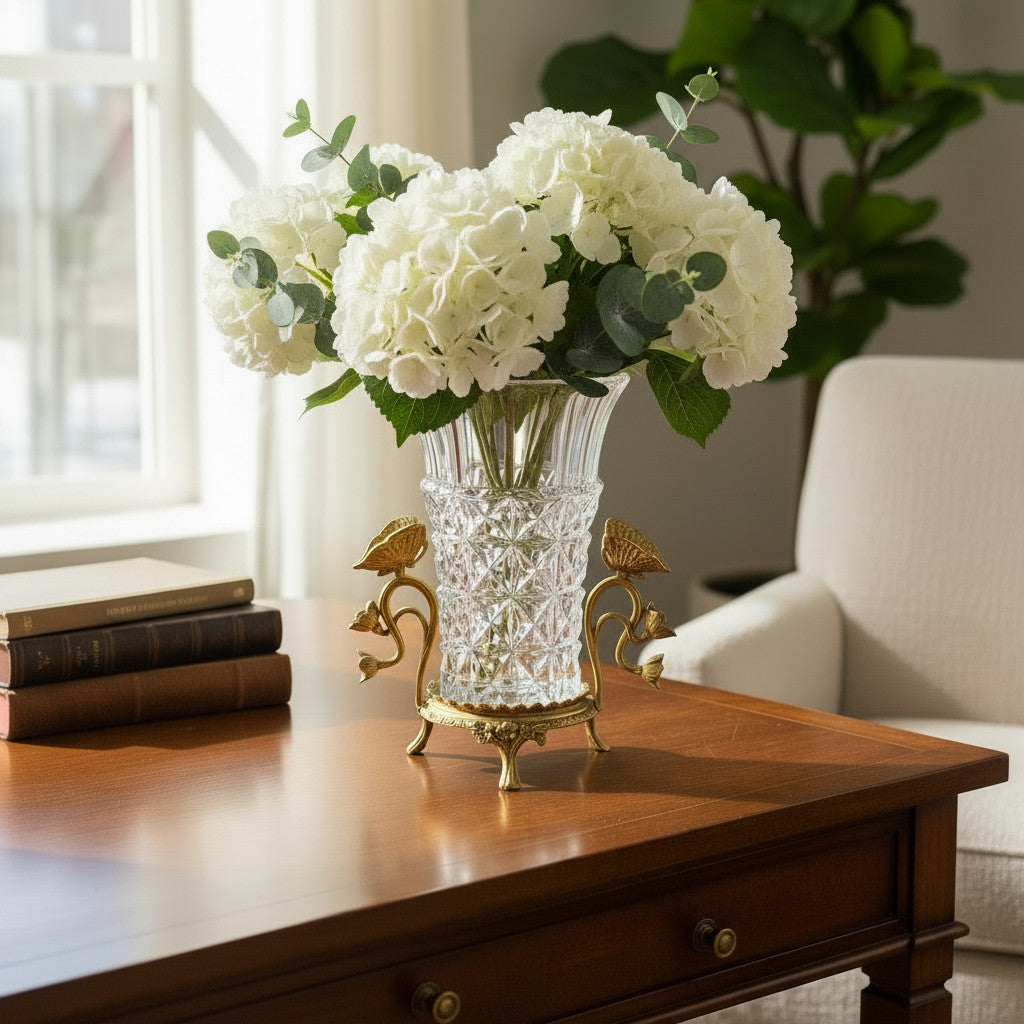 Danny's Fine Porcelain Home Decor Danny's Fine Porcelain Crystal Vase with Ormolu Butterfly Handles-Crystal Clear