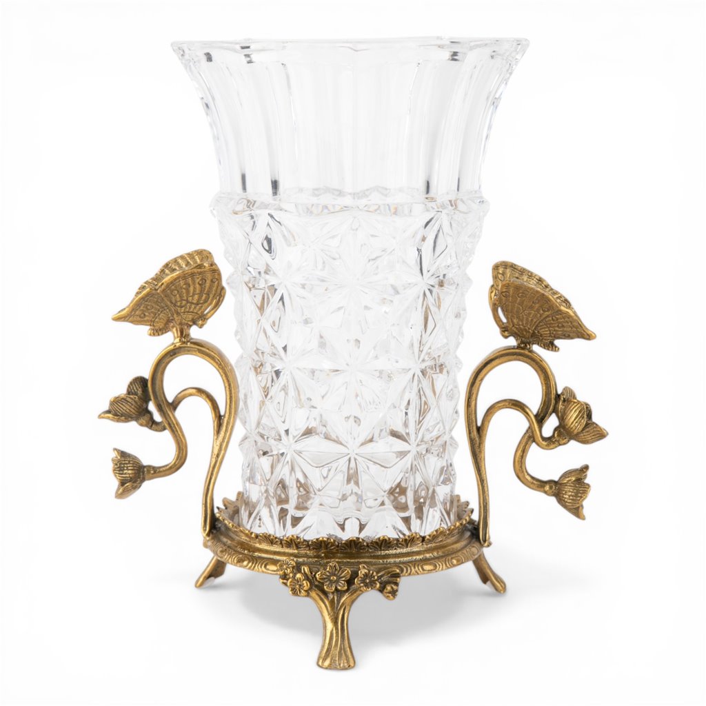 Danny's Fine Porcelain Home Decor Danny's Fine Porcelain Crystal Vase with Ormolu Butterfly Handles-Crystal Clear
