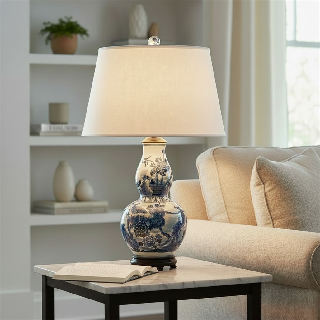 Danny's Fine Porcelain Home Decor Danny's Fine Porcelain Elongated Gourd Lamp-Blue and White Birds(2-847-19) Blue and White Porcelain