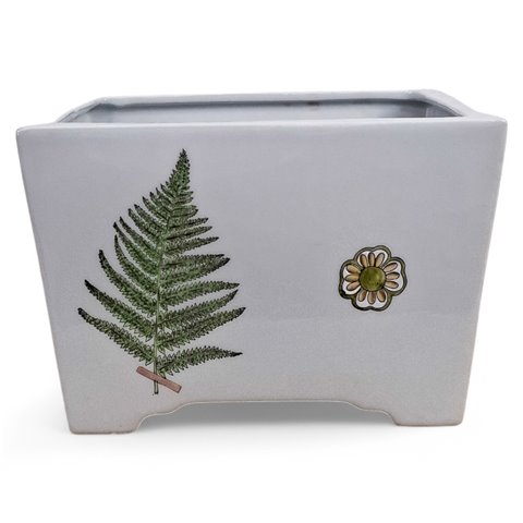 Danny's Fine Porcelain Home Decor Danny's Fine Porcelain Fern Planterwhite Square Planter Featuring A Simple Green Fern Motif - CLOSEOUT SAMPLE SALE