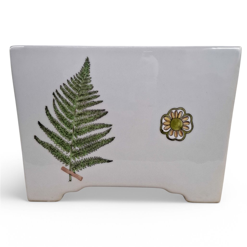 Danny's Fine Porcelain Home Decor Danny's Fine Porcelain Fern Planterwhite Square Planter Featuring A Simple Green Fern Motif - CLOSEOUT SAMPLE SALE