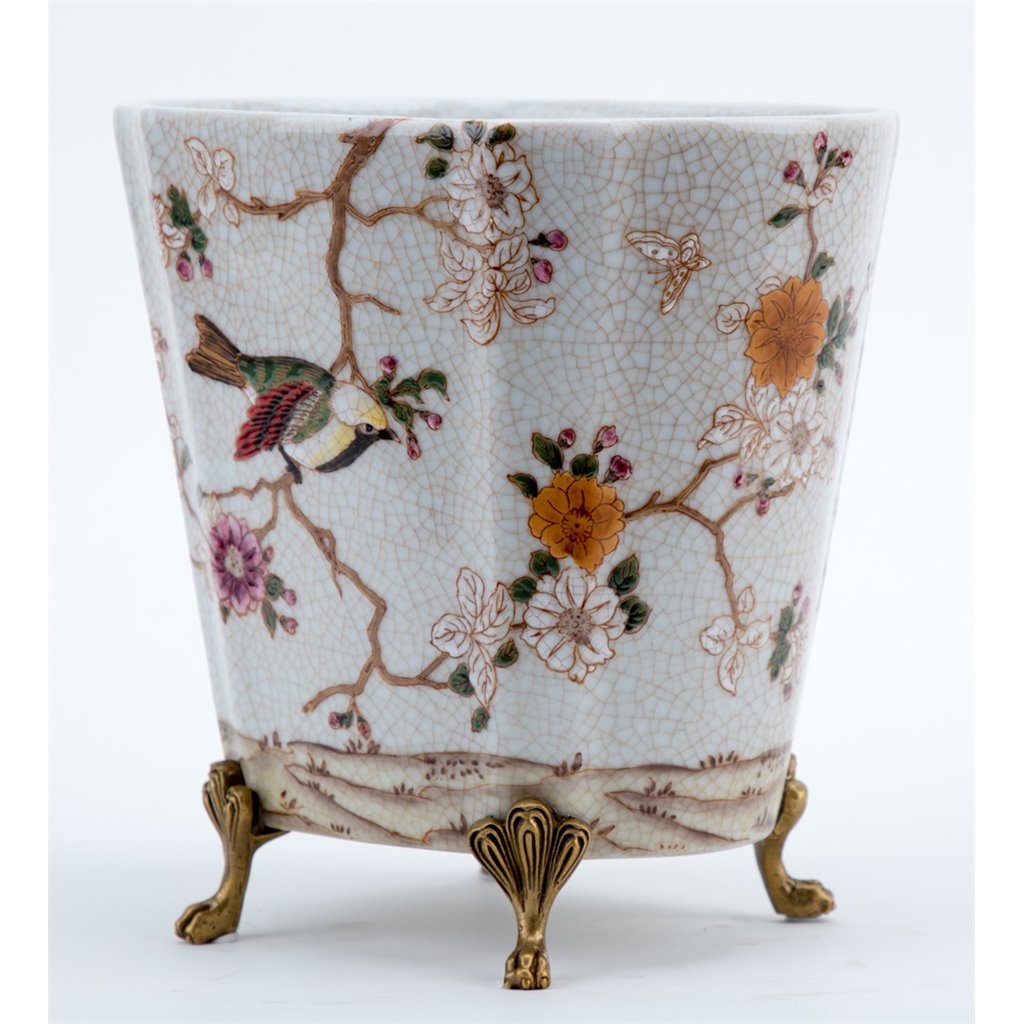 Danny's Fine Porcelain Home Decor Danny's Fine Porcelain Floral & Bird Pattern Oval Planter with Bronze Ormolu in Feralia