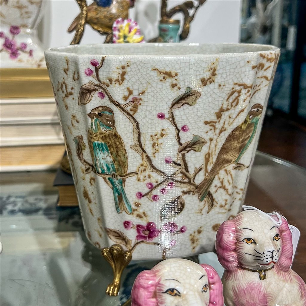 Danny's Fine Porcelain Home Decor Danny's Fine Porcelain Floral & Bird Pattern Oval Planter with Bronze Ormolu in Spring
