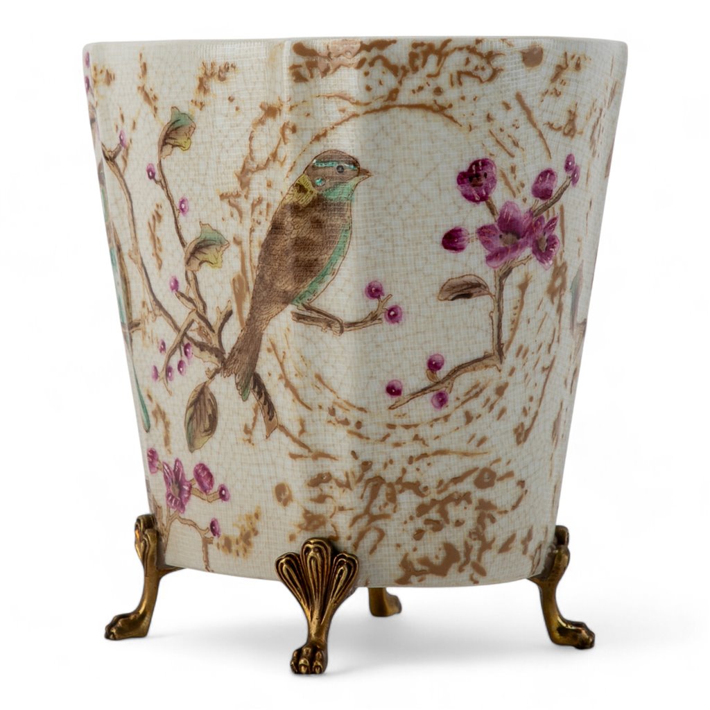 Danny's Fine Porcelain Home Decor Danny's Fine Porcelain Floral & Bird Pattern Oval Planter with Bronze Ormolu in Spring
