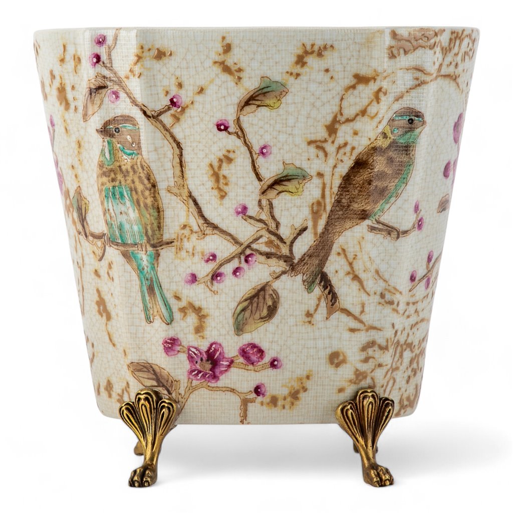 Danny's Fine Porcelain Home Decor Danny's Fine Porcelain Floral & Bird Pattern Oval Planter with Bronze Ormolu in Spring