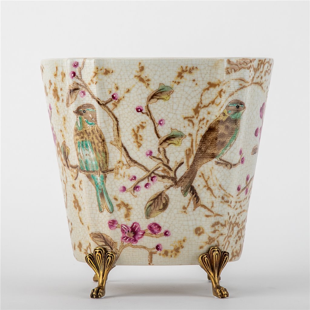 Danny's Fine Porcelain Home Decor Danny's Fine Porcelain Floral & Bird Pattern Oval Planter with Bronze Ormolu in Spring