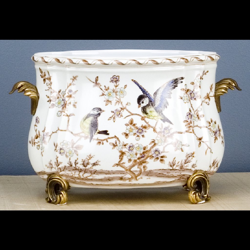 Danny's Fine Porcelain Home Decor Danny's Fine Porcelain Floral & Bird Pattern Oval Planter with Bronze Ormolu in Xiamena