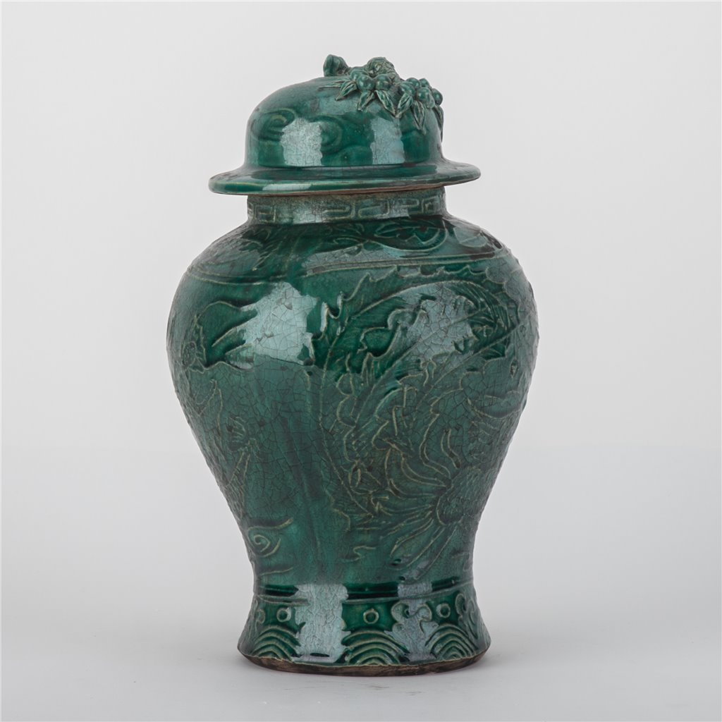 Danny's Fine Porcelain Home Decor Danny's Fine Porcelain Green Lidded Peach Lid Temple Jar Majestic Bird Pattern