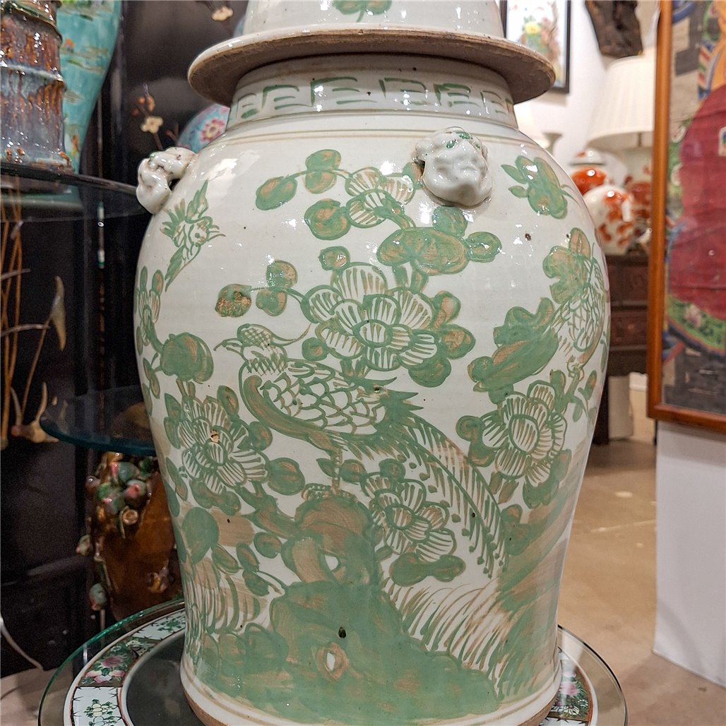 Danny's Fine Porcelain Home Decor Danny's Fine Porcelain Green Mud-Stepped Bird & Floral Covered Temple Jar Showcasing