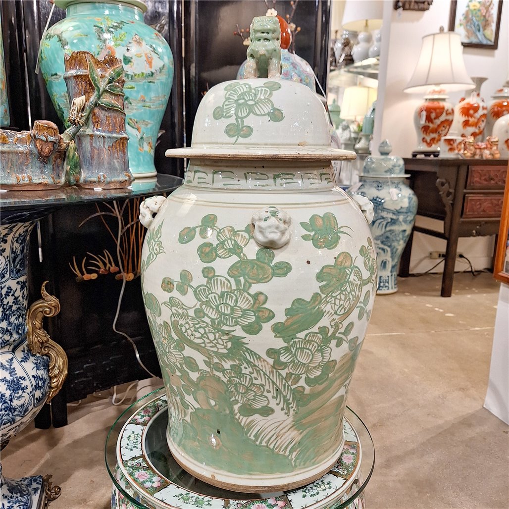 Danny's Fine Porcelain Home Decor Danny's Fine Porcelain Green Mud-Stepped Bird & Floral Covered Temple Jar Showcasing