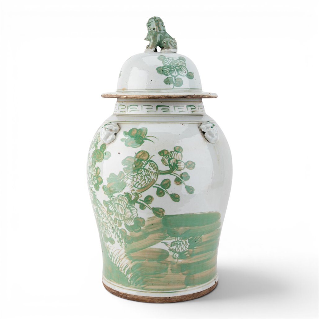 Danny's Fine Porcelain Home Decor Danny's Fine Porcelain Green Mud-Stepped Bird & Floral Covered Temple Jar Showcasing