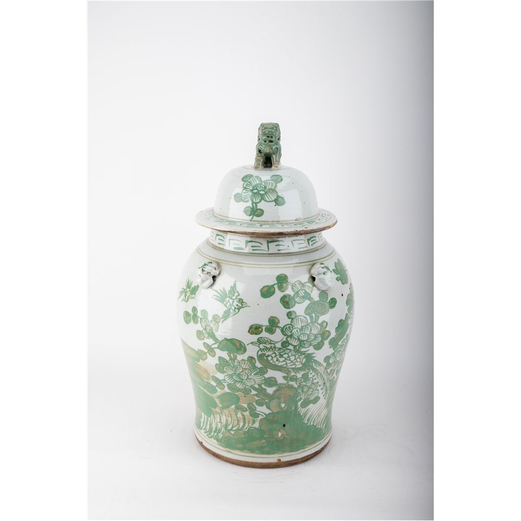 Danny's Fine Porcelain Home Decor Danny's Fine Porcelain Green Mud-Stepped Bird & Floral Covered Temple Jar Showcasing