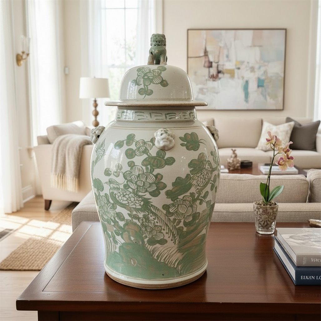 Danny's Fine Porcelain Home Decor Danny's Fine Porcelain Green Mud-Stepped Bird & Floral Covered Temple Jar Showcasing