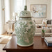 Danny's Fine Porcelain Home Decor Danny's Fine Porcelain Green Mud-Stepped Bird & Floral Covered Temple Jar Showcasing