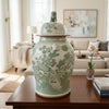Danny's Fine Porcelain Home Decor Danny's Fine Porcelain Green Mud-Stepped Bird & Floral Covered Temple Jar Showcasing