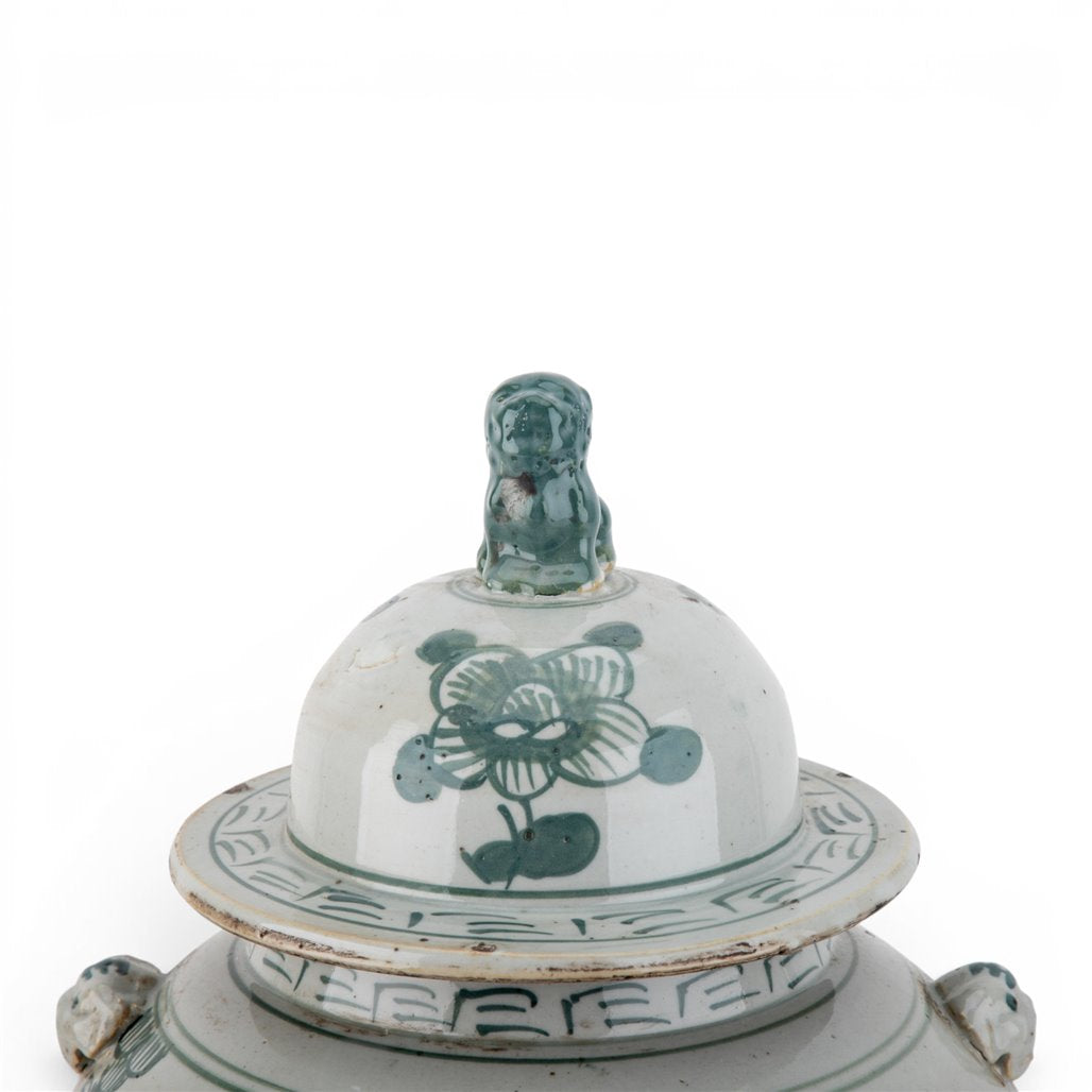 Danny's Fine Porcelain Home Decor Danny's Fine Porcelain Green Mud-Stepped Floral Covered Temple Jar Crafted Using