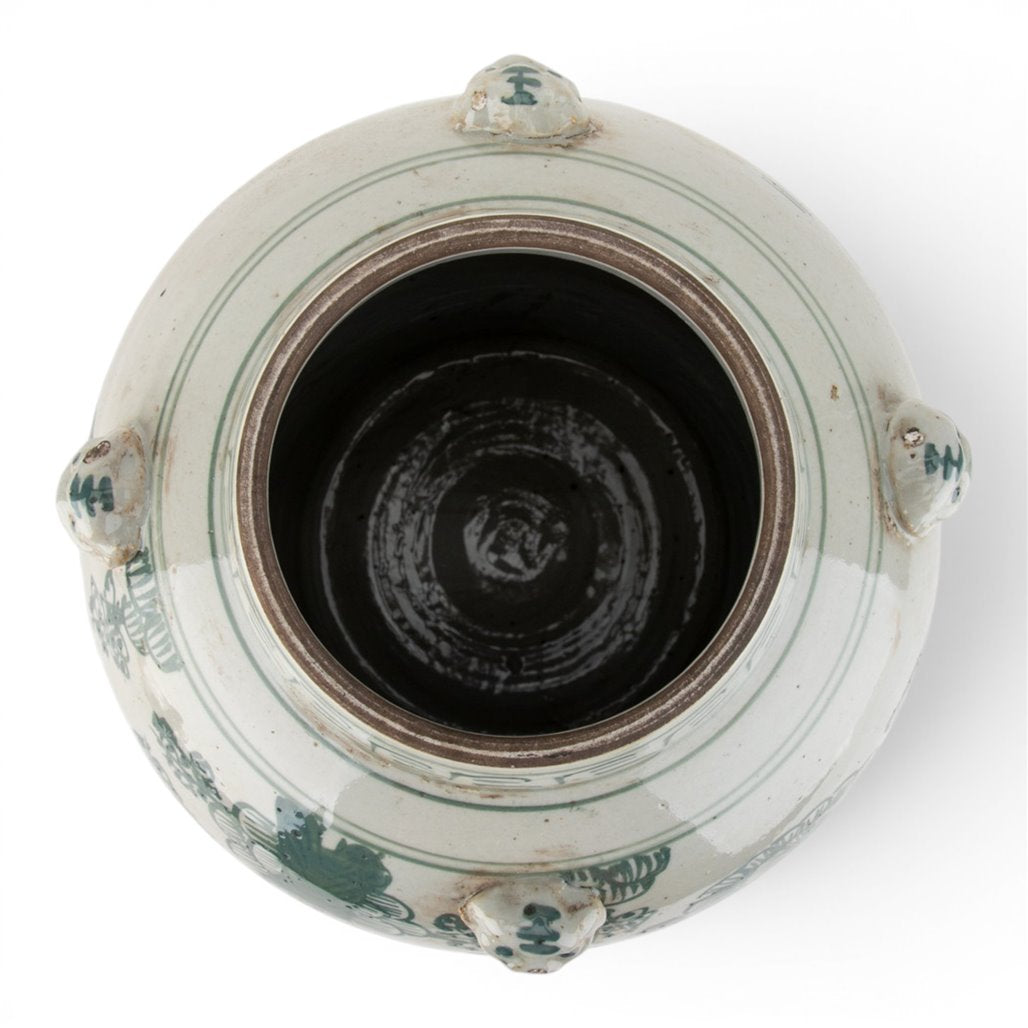 Danny's Fine Porcelain Home Decor Danny's Fine Porcelain Green Mud-Stepped Floral Covered Temple Jar Crafted Using