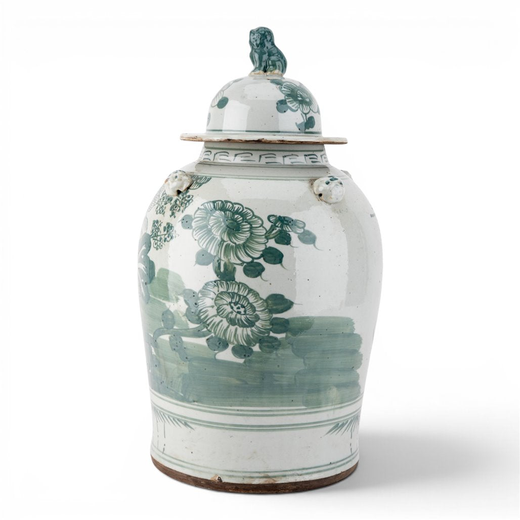 Danny's Fine Porcelain Home Decor Danny's Fine Porcelain Green Mud-Stepped Floral Covered Temple Jar Crafted Using