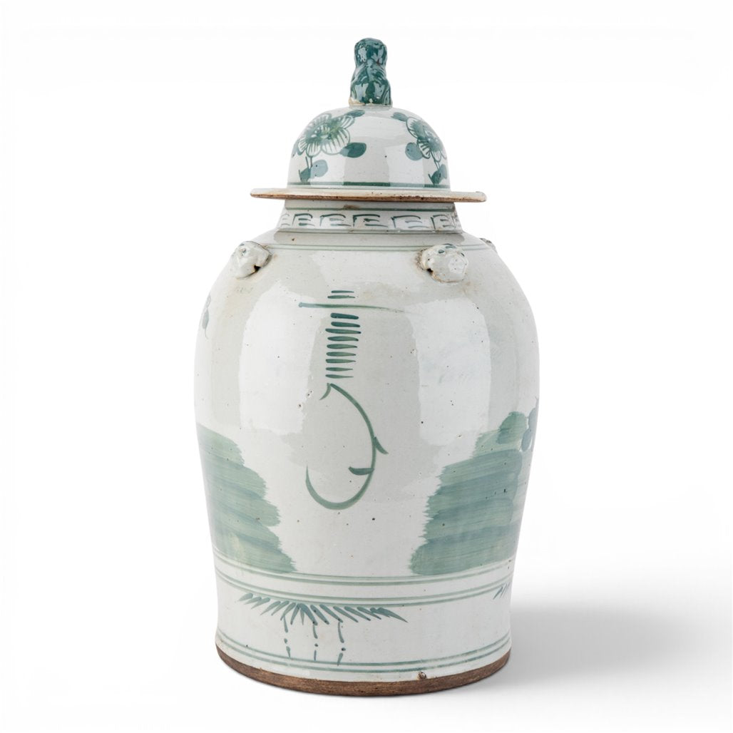 Danny's Fine Porcelain Home Decor Danny's Fine Porcelain Green Mud-Stepped Floral Covered Temple Jar Crafted Using