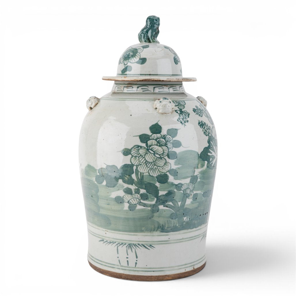 Danny's Fine Porcelain Home Decor Danny's Fine Porcelain Green Mud-Stepped Floral Covered Temple Jar Crafted Using