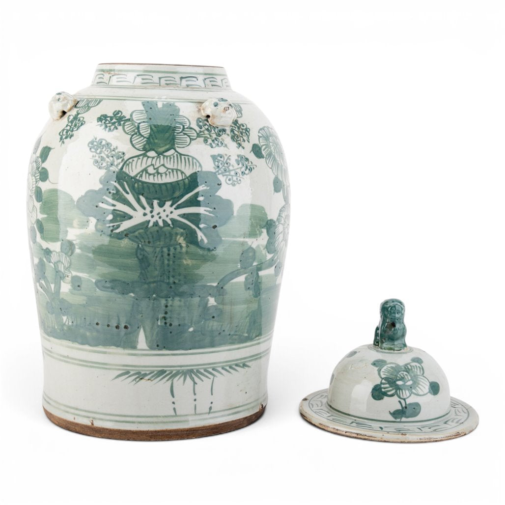 Danny's Fine Porcelain Home Decor Danny's Fine Porcelain Green Mud-Stepped Floral Covered Temple Jar Crafted Using