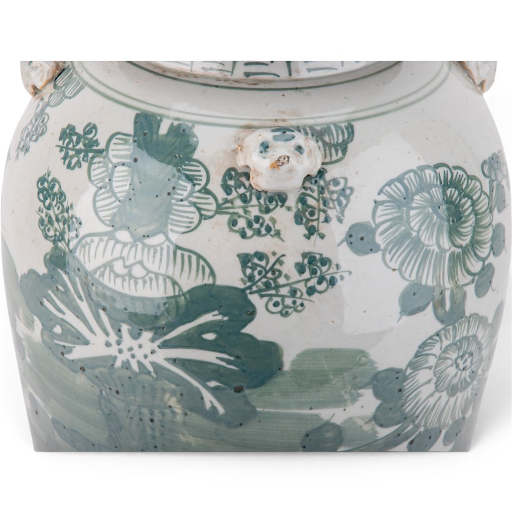 Danny's Fine Porcelain Home Decor Danny's Fine Porcelain Green Mud-Stepped Floral Covered Temple Jar Crafted Using