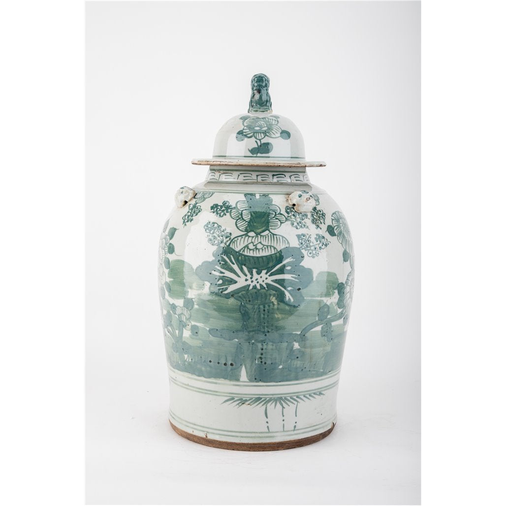 Danny's Fine Porcelain Home Decor Danny's Fine Porcelain Green Mud-Stepped Floral Covered Temple Jar Crafted Using