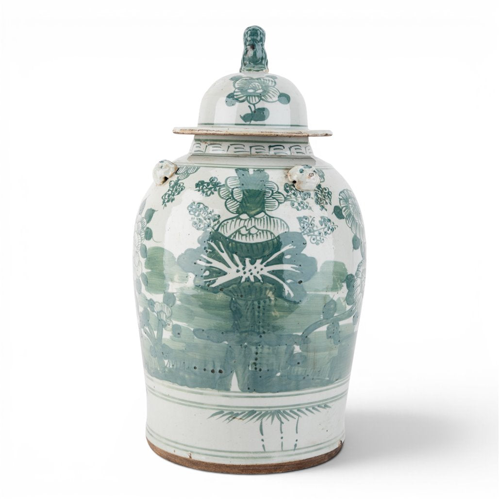 Danny's Fine Porcelain Home Decor Danny's Fine Porcelain Green Mud-Stepped Floral Covered Temple Jar Crafted Using