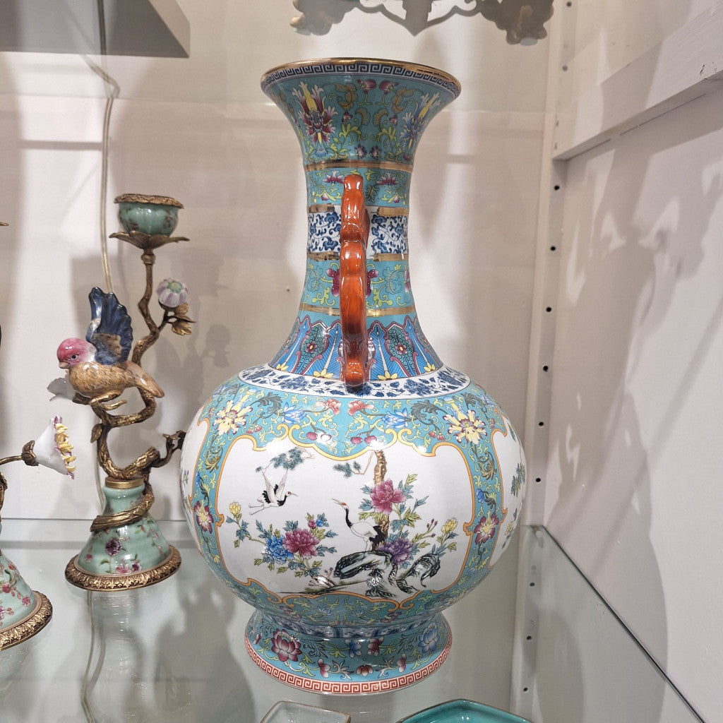 Danny's Fine Porcelain Home Decor Danny's Fine Porcelain Green Painted Vase Flower and Bird. Display It Alone Or with Flowers For