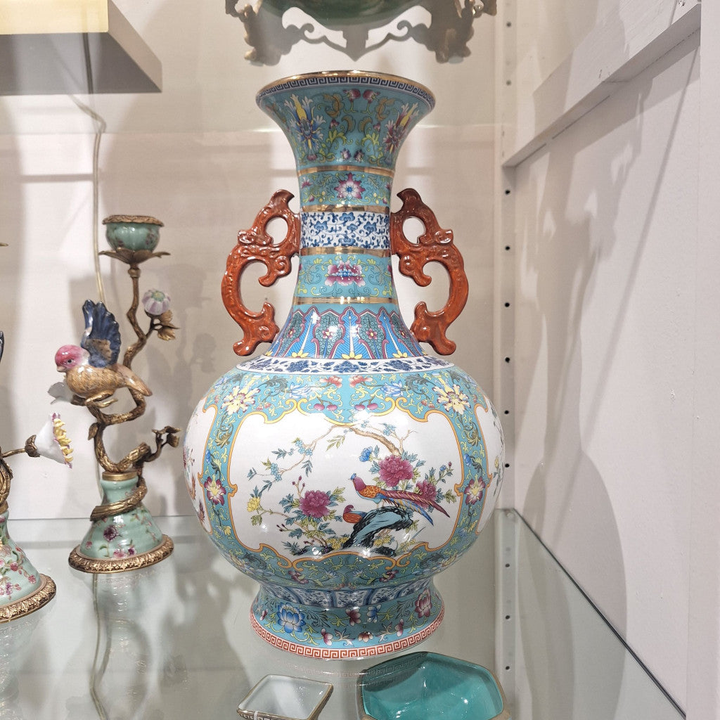 Danny's Fine Porcelain Home Decor Danny's Fine Porcelain Green Painted Vase Flower and Bird. Display It Alone Or with Flowers For
