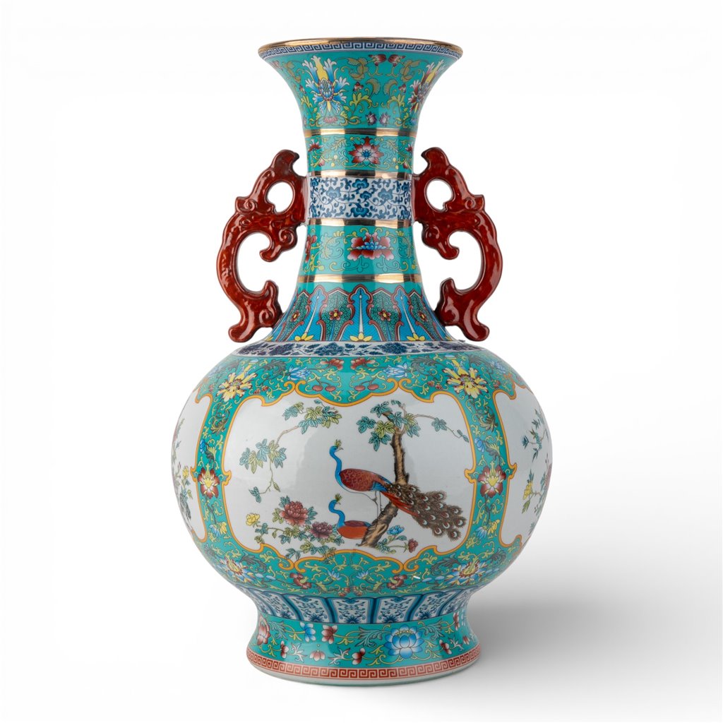 Danny's Fine Porcelain Home Decor Danny's Fine Porcelain Green Painted Vase Flower and Bird. Display It Alone Or with Flowers For