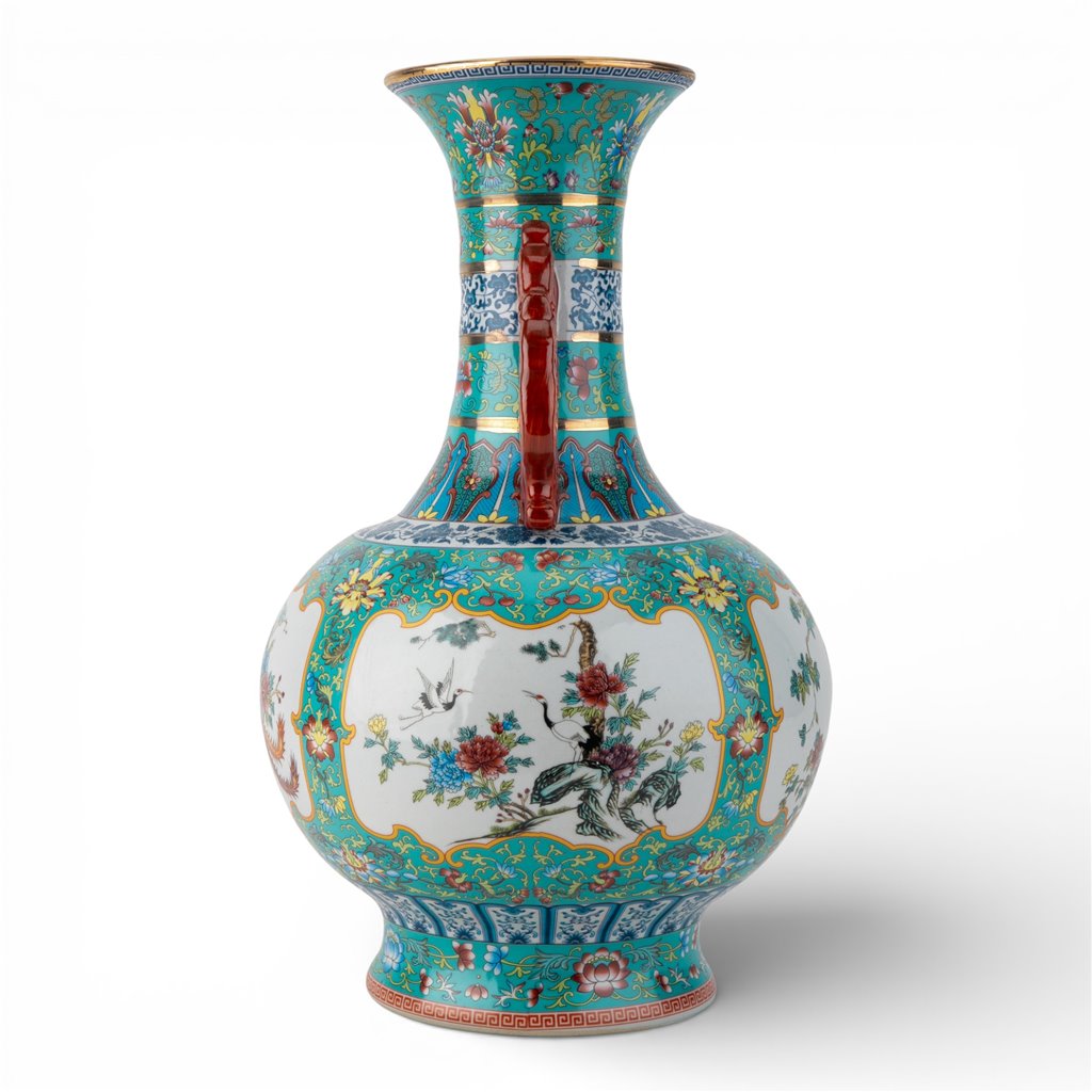 Danny's Fine Porcelain Home Decor Danny's Fine Porcelain Green Painted Vase Flower and Bird. Display It Alone Or with Flowers For