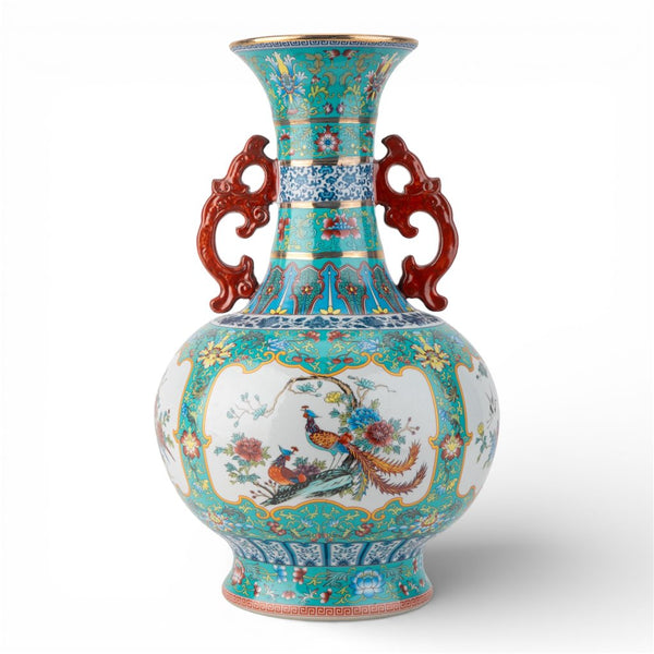 Danny's Fine Porcelain Home Decor Danny's Fine Porcelain Green Painted Vase Flower and Bird. Display It Alone Or with Flowers For