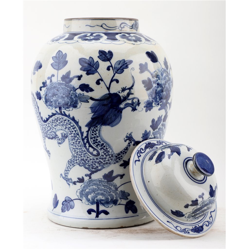 Danny's Fine Porcelain Home Decor Danny's Fine Porcelain Lidded Temple Jar - Floral And Dragons - Blue And White Classic 50874