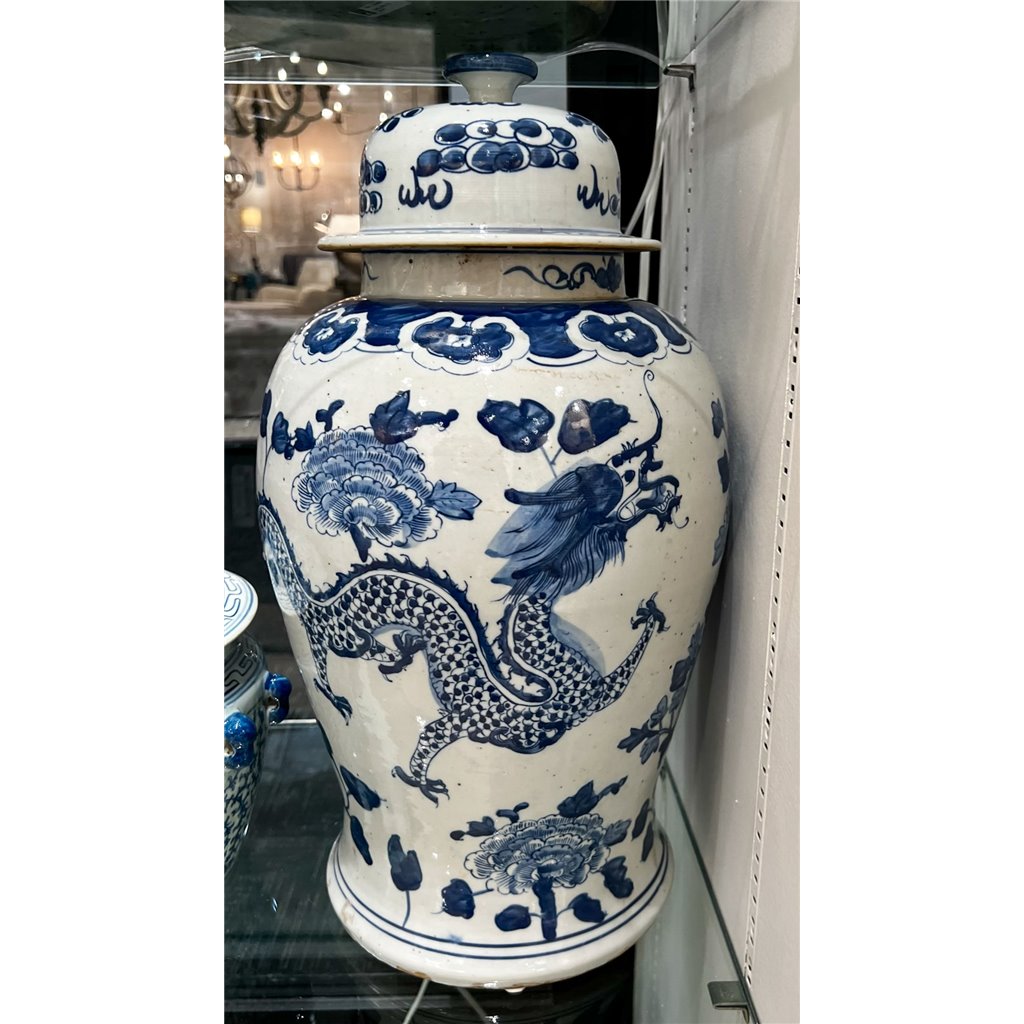 Danny's Fine Porcelain Home Decor Danny's Fine Porcelain Lidded Temple Jar - Floral And Dragons - Blue And White Classic 50874