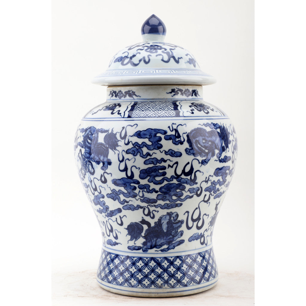 Danny's Fine Porcelain Home Decor Danny's Fine Porcelain Lidded Warrier Jar - Lions - Blue And White Classic 50846