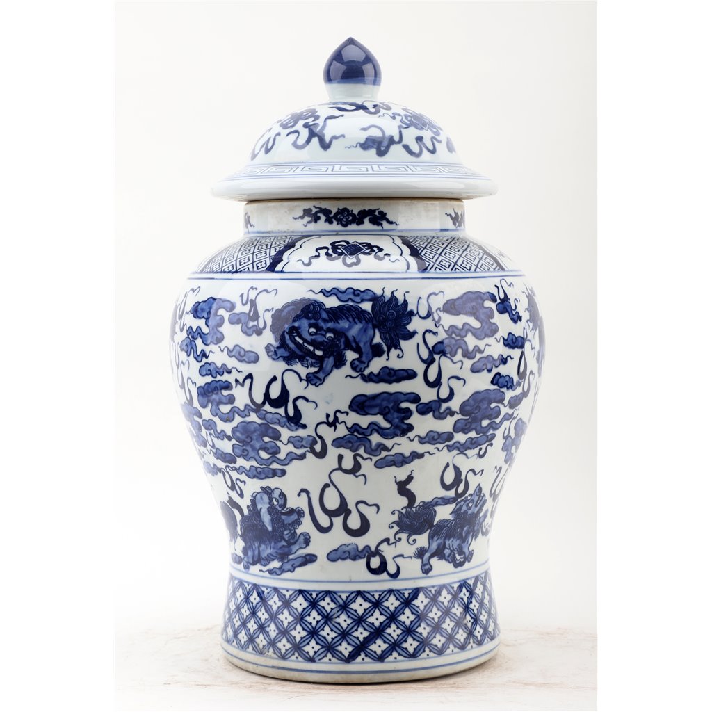 Danny's Fine Porcelain Home Decor Danny's Fine Porcelain Lidded Warrier Jar - Lions - Blue And White Classic 50846