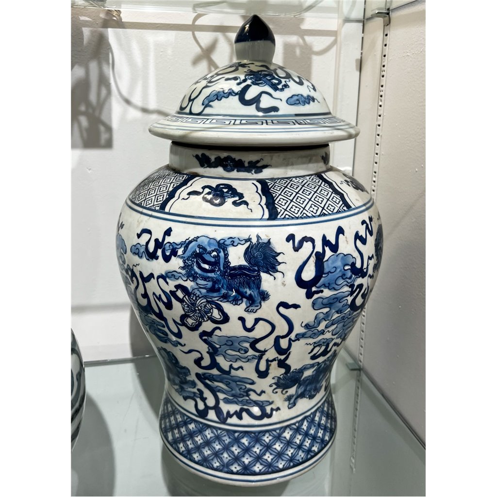 Danny's Fine Porcelain Home Decor Danny's Fine Porcelain Lidded Warrier Jar - Lions - Blue And White Classic 50846
