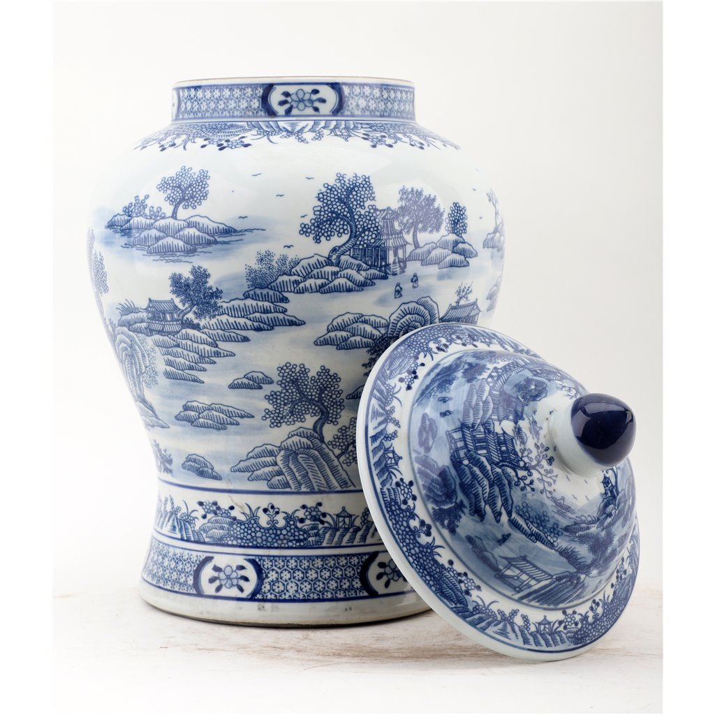 Danny's Fine Porcelain Home Decor Danny's Fine Porcelain Lidded Warrier Jar - Scenery - Blue And White Classic 50845