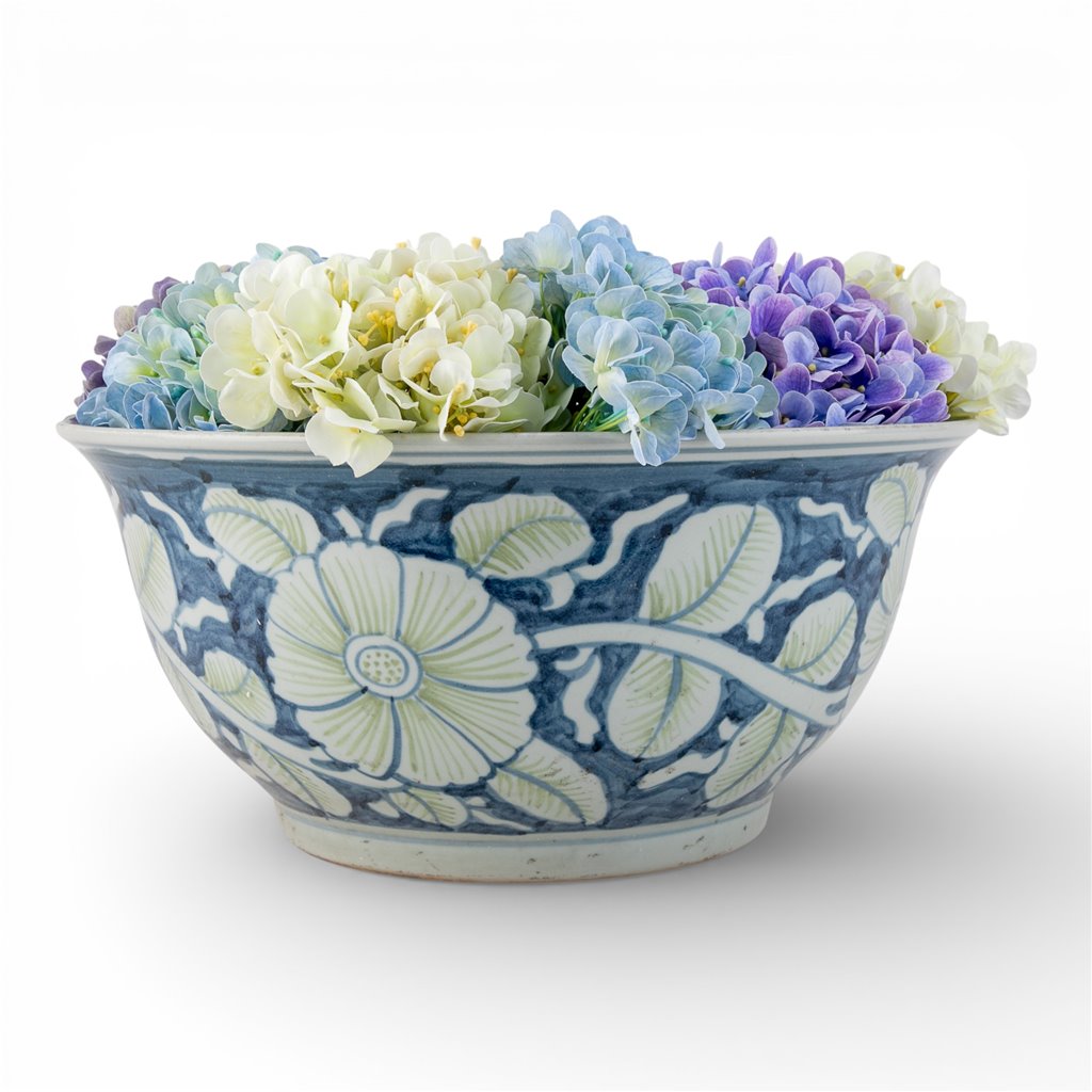 Danny's Fine Porcelain Home Decor Danny's Fine Porcelain Lipped Round Basin-Blue and Green Flower