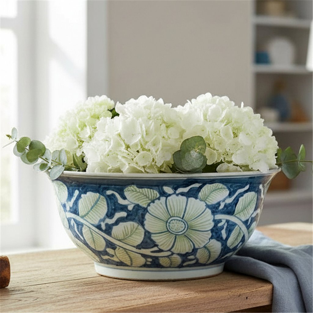 Danny's Fine Porcelain Home Decor Danny's Fine Porcelain Lipped Round Basin-Blue and Green Flower
