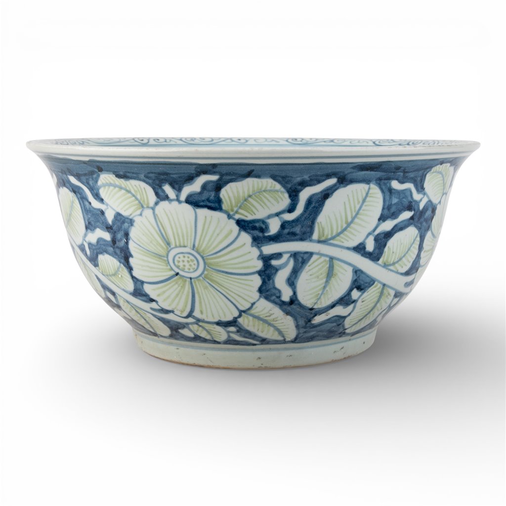 Danny's Fine Porcelain Home Decor Danny's Fine Porcelain Lipped Round Basin-Blue and Green Flower
