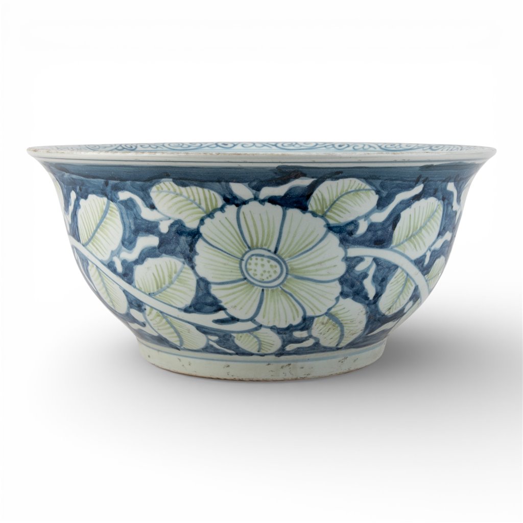 Danny's Fine Porcelain Home Decor Danny's Fine Porcelain Lipped Round Basin-Blue and Green Flower
