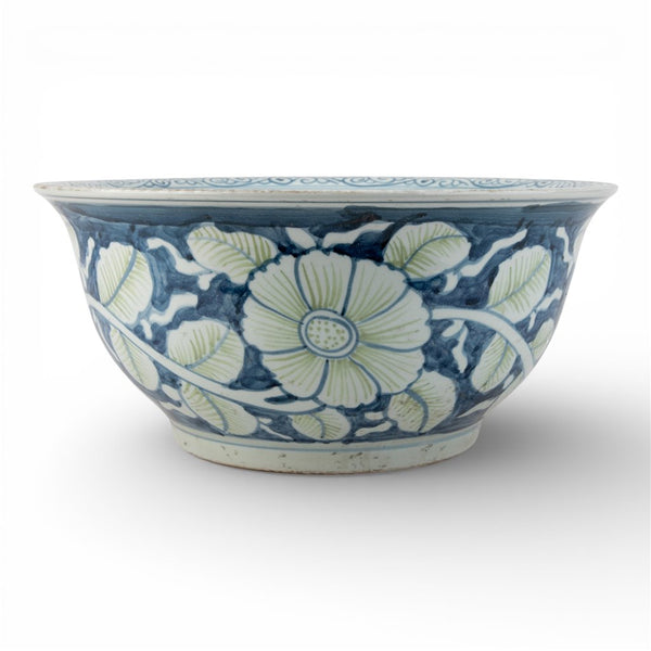Danny's Fine Porcelain Home Decor Danny's Fine Porcelain Lipped Round Basin-Blue and Green Flower