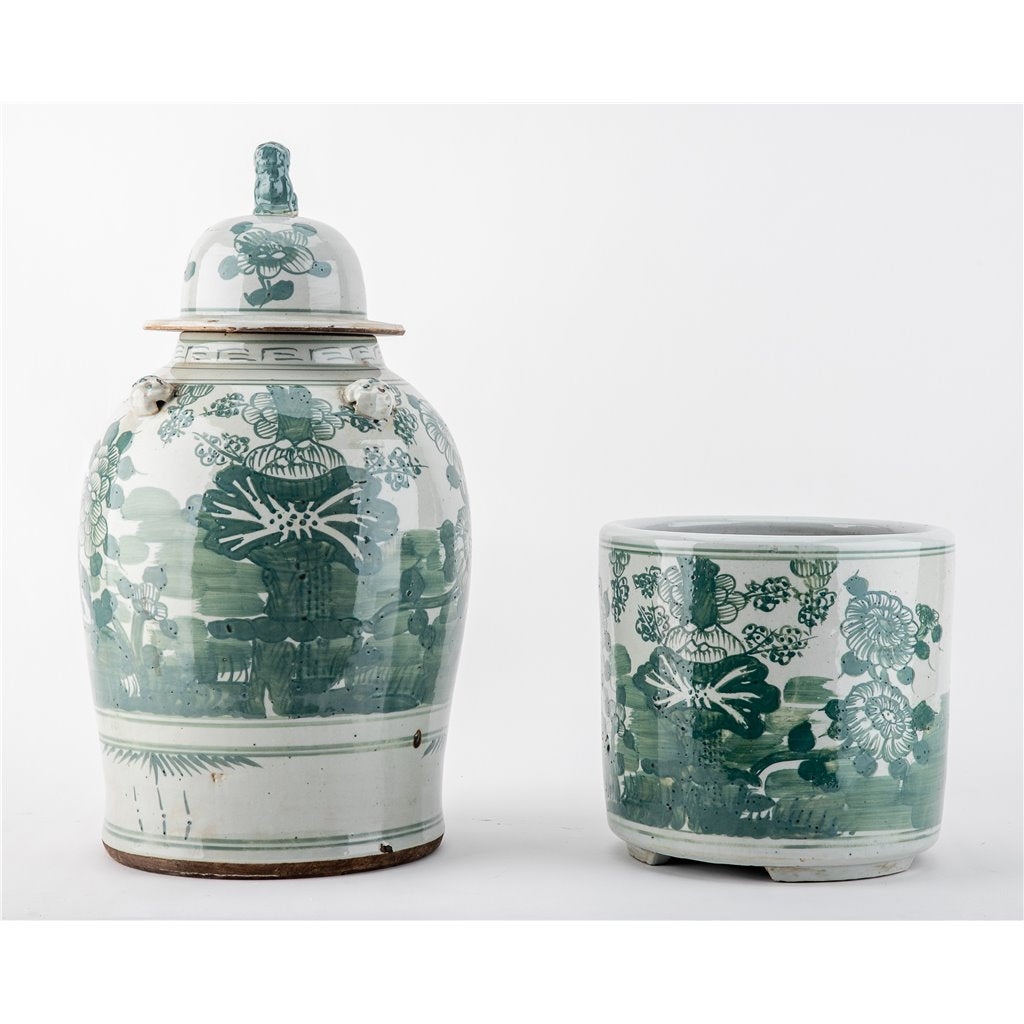 Danny's Fine Porcelain Home Decor Danny's Fine Porcelain Med Antiqued Finish Warrior Jar-Green Flower Bird
