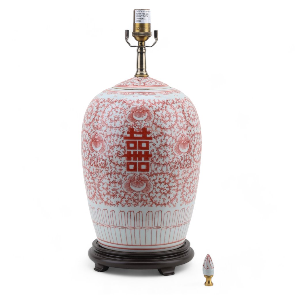 Danny's Fine Porcelain Lighting Danny's Fine Porcelain Melon Jar Lamp - Double Happiness (Salmon Color) (Shade: 108-17-Be) 50953-L