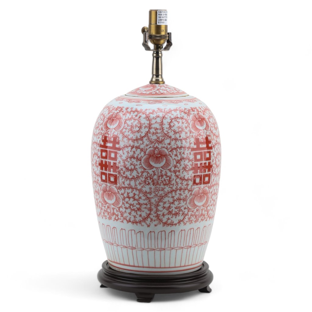 Danny's Fine Porcelain Lighting Danny's Fine Porcelain Melon Jar Lamp - Double Happiness (Salmon Color) (Shade: 108-17-Be) 50953-L